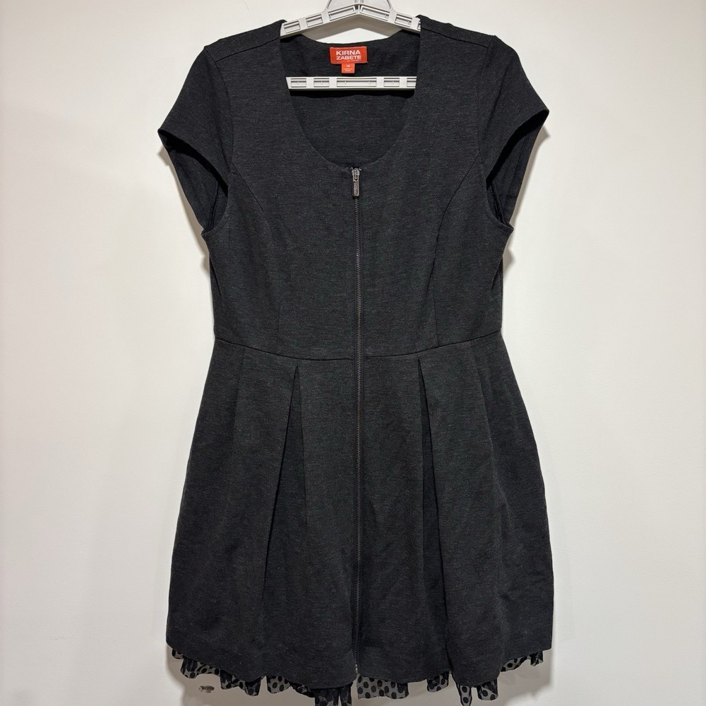 Kirna Zabete Dress‎ Fairy Goth Dark Gray Zip Up Black Mesh Ruffle Hem Size 14